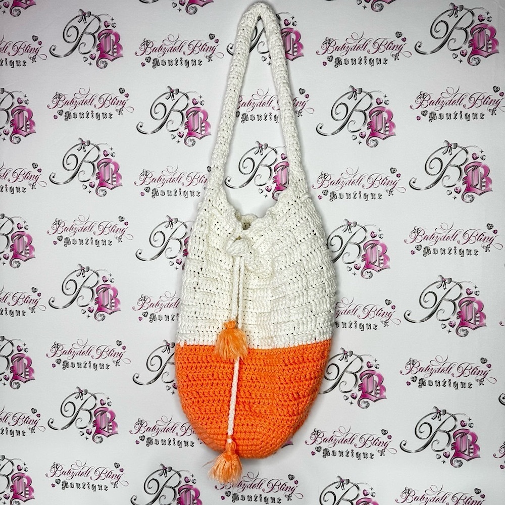 Tote handmade puff tassle Pom Pom Orange and White Crochet Shoulder Bag
